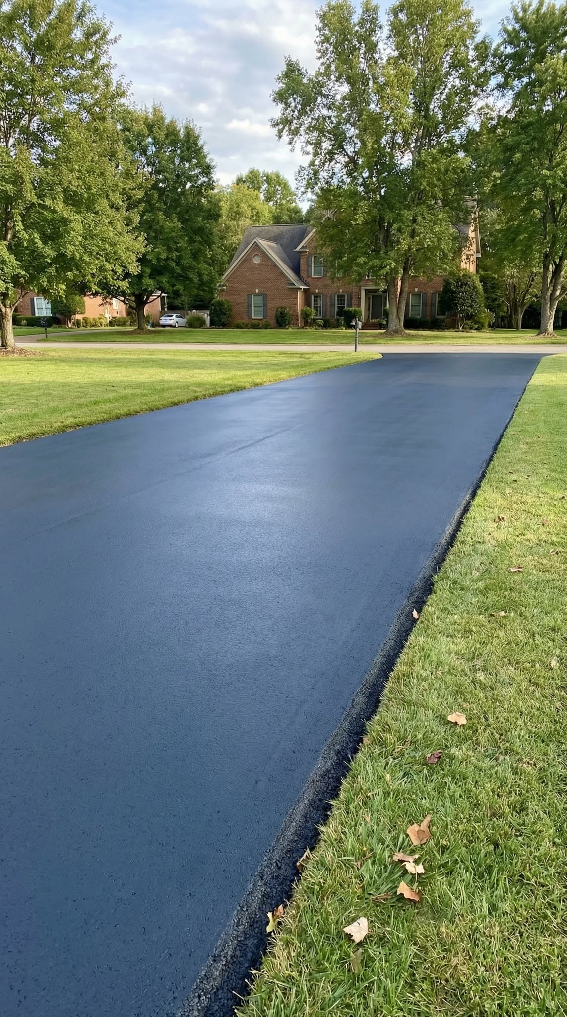 Driveway after American Asphalt sealcoating — deep even black finish